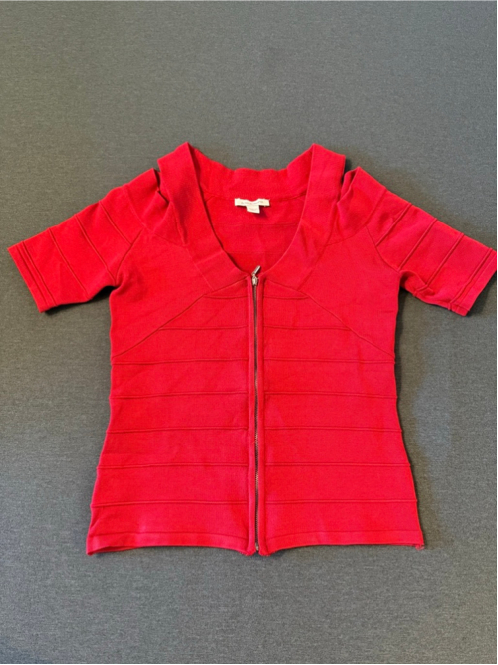 red Boston Proper zipper-front bandage blouse short sleeves cold shoulder XS - Picture 6 of 9
